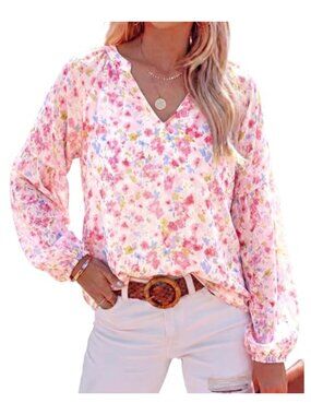 Women's V Neck Flutter Long Sleeve Floral Blouse Loose Fit Chiffon Top